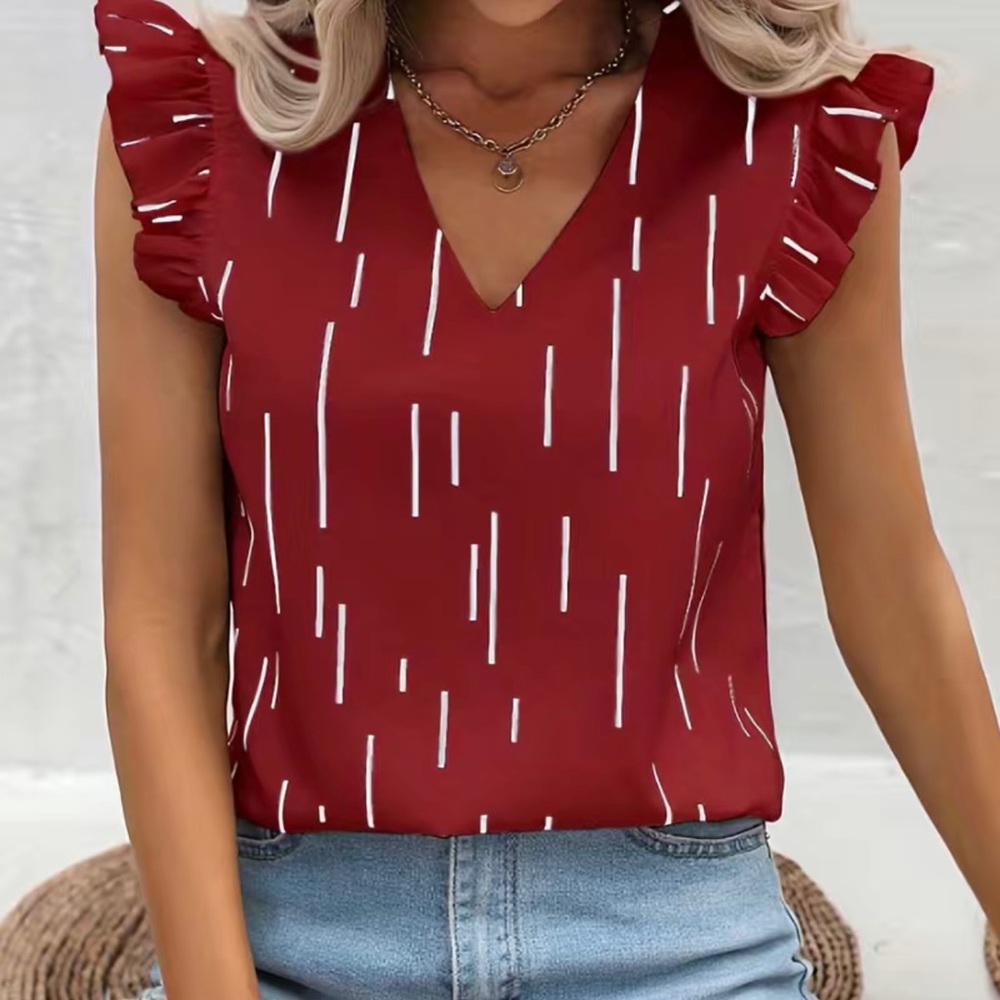 NWT Burgundy Women's Lined Graphic Print Ruffle Hem V Neck Blouse